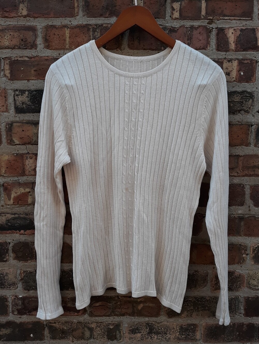 Vintage Unbranded Cream Cable Knit Ribbed Crewneck Sweater Textured Soft Quality